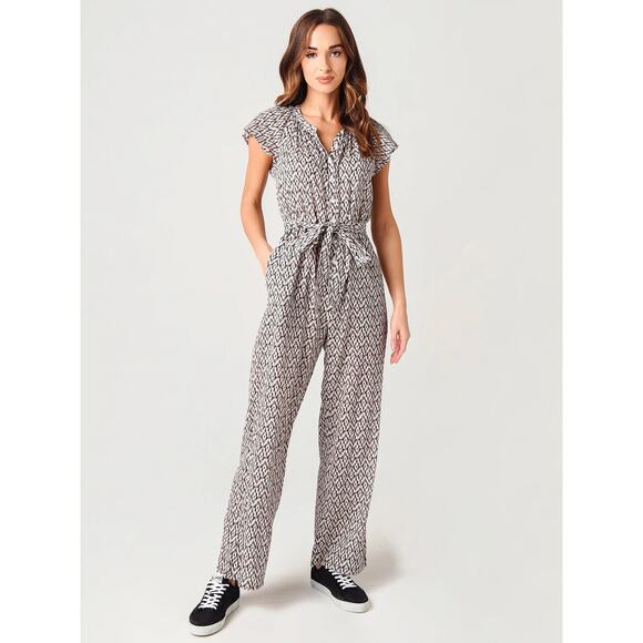 [XÍRENA] Haven Tile Geometric Print Cassi Jumpsuit Belt Flutter Sleeves Sz Large - Picture 1 of 13